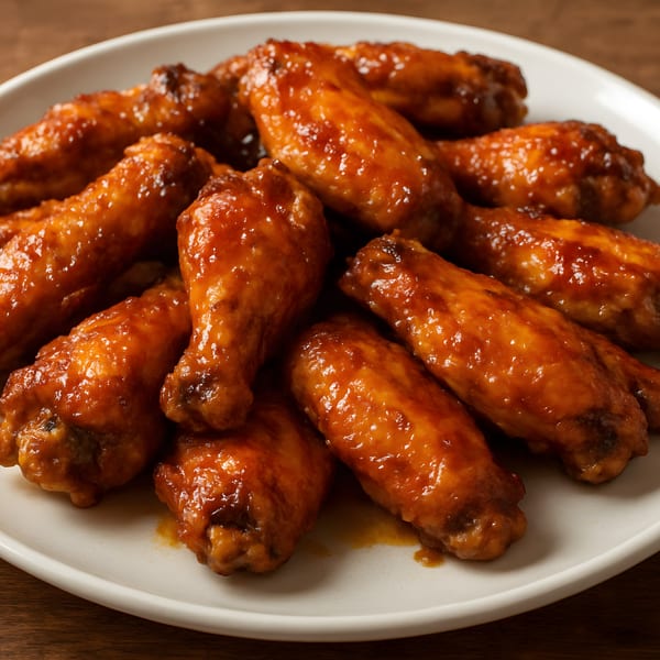 A white plate piled high with glistening, saucy chicken wings on a wooden table.