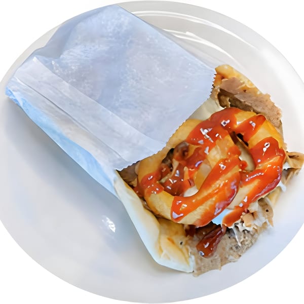 Gyro 101 gyro wrapped in paper, topped with onion rings and red sauce, on a white plate.