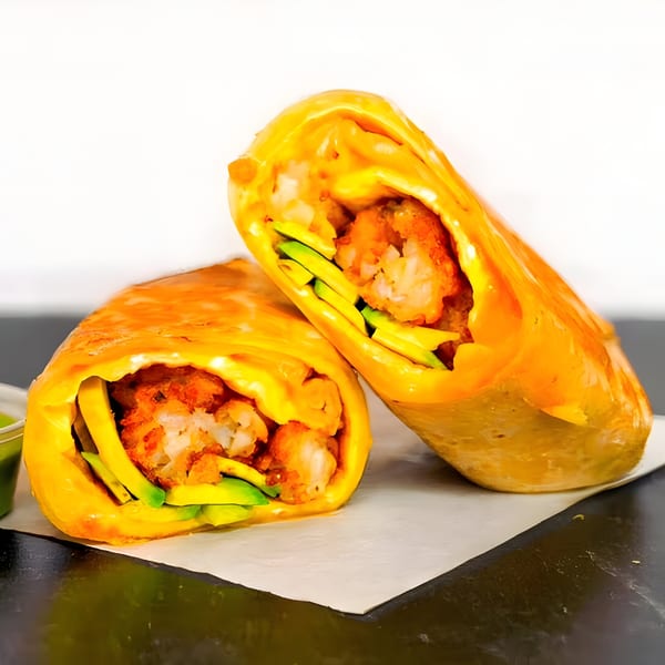 Two halves of a Gyro 101 shrimp and avocado wrap on parchment paper.