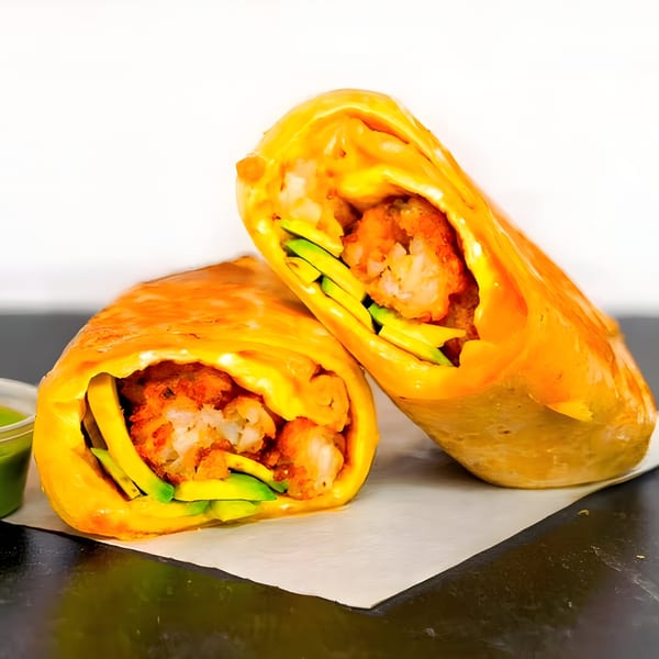 Two halves of a Gyro 101 burrito, filled with crispy shrimp, rice, and avocado slices.