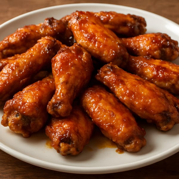 A white plate filled with glistening, saucy chicken wings on a wooden table.