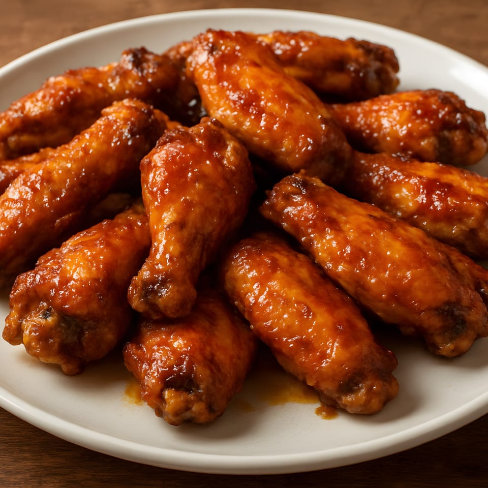 A white plate filled with glistening, saucy chicken wings on a wooden table.