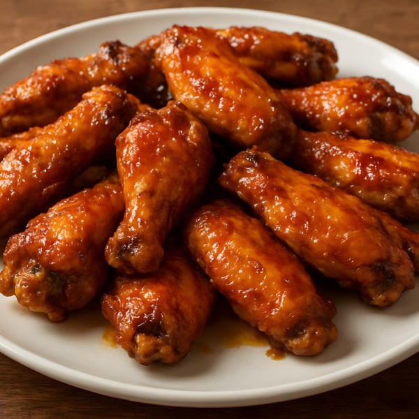 A white plate filled with numerous glistening, saucy chicken wings on a wooden table.