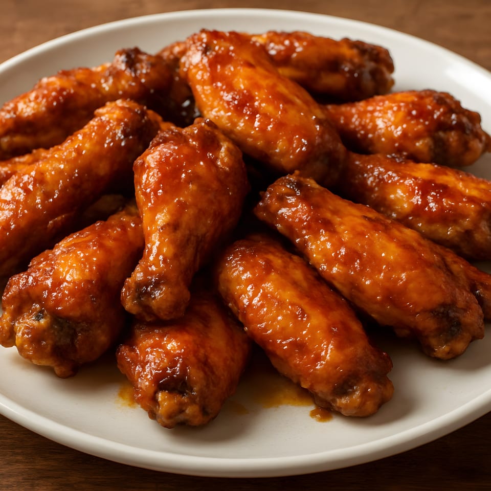 A white plate piled high with glistening, saucy chicken wings on a wooden table.
