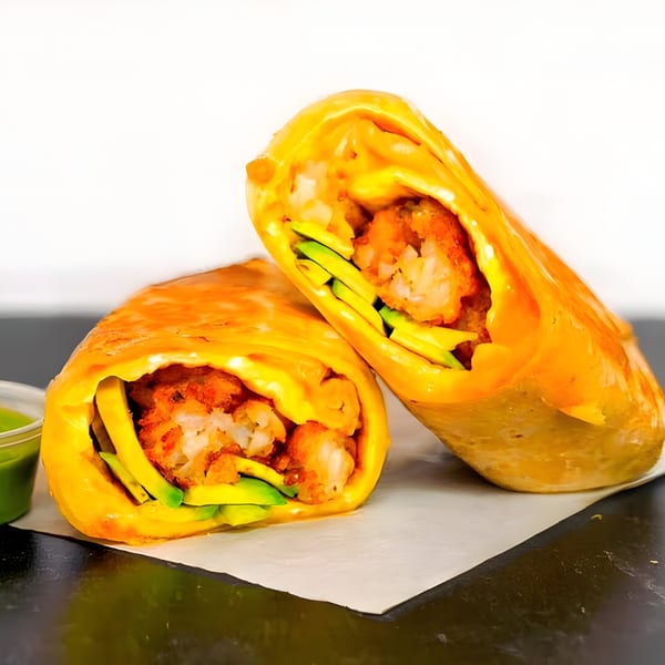 Two halves of a Gyro 101 Mediterranean wrap filled with fried shrimp and avocado slices.
